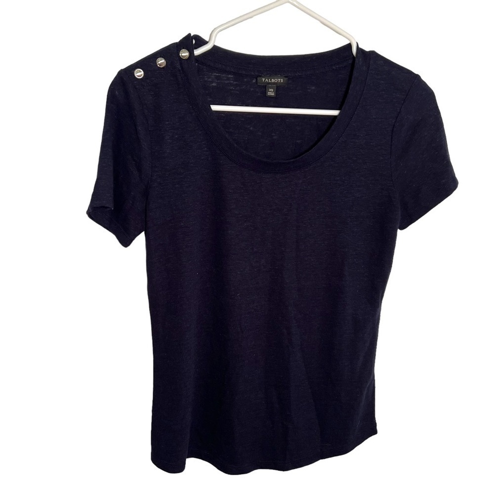 Talbots Women's Sz XS T-Shirt Navy Blue Shoulder Buttons Silver Scoop Neck Linen